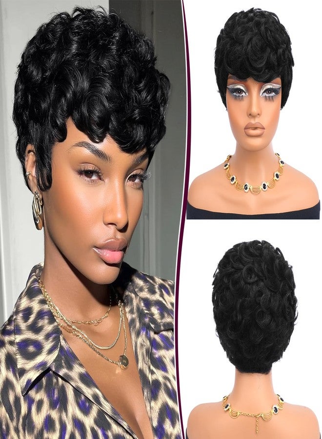 RUWISS Pixie Cut Wig Human Hair Curly Short Pixie Wigs for Black Women Glueless Human Hair Wig with Bangs for Daily Use Natural Short Bob Layered Wavy Human Hair Wigs for Black Women (Natural Black) - Image 1